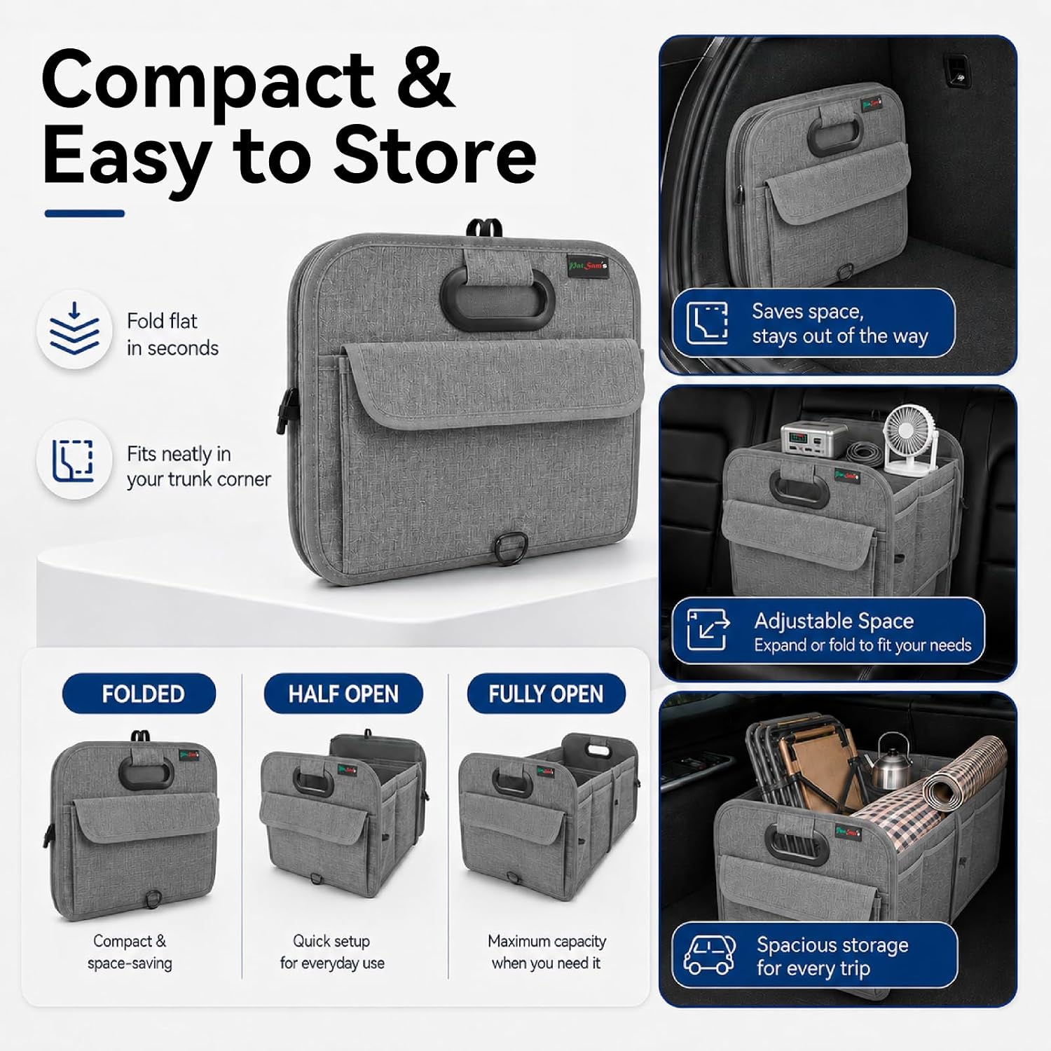 PAT SAM'S Car Trunk Organizer for SUV, Collapsible Storage Box with Front & Side Pockets, Non-Slip Waterproof 600D Oxford, Grocery & Travel Storage for Truck, Sedan, Gray image 5