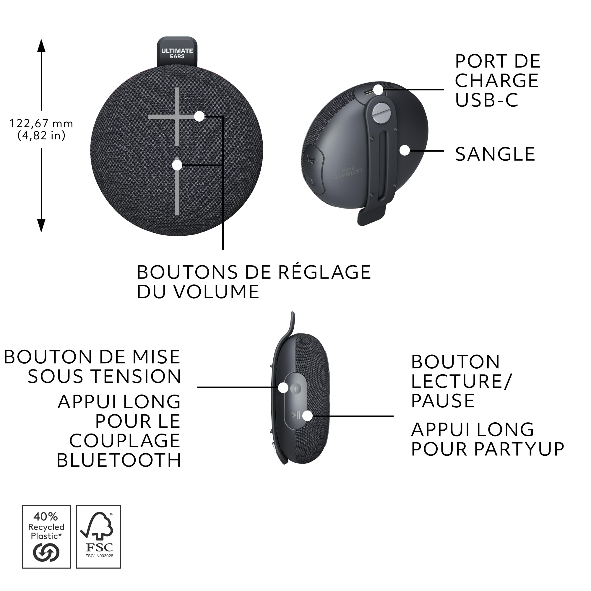 Ultimate Ears MINIROLL Enceinte Bluetooth Ultra-Portable et étanche, Basses puissantes, Indice de Protection IP67 Contre la poussière, portée de 40 m (131 Pieds) - Noir | Bassi potenti, resistente alla polvere IP67, raggio d'azione di 40 m - Nero