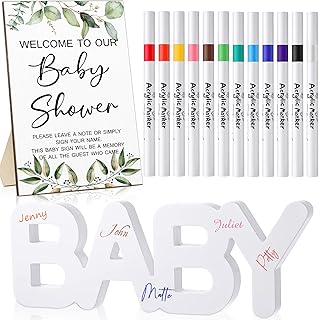 Norme Baby Shower Guest Book, Wooden Signature Sign with 12 Acrylic Marker for Gender Reveal Party Sign in, Reception Decoration Supplies(Greenery)