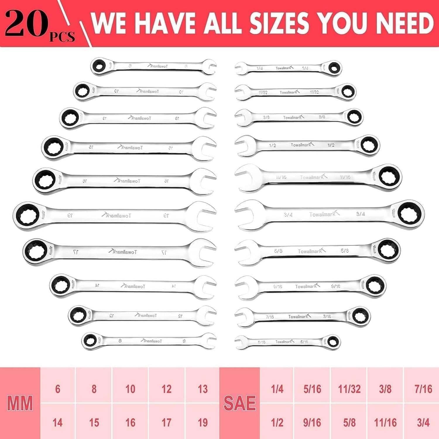 20-Piece Chrome Vanadium Ratcheting Wrench Set - 72-Tooth Fixed Head, SAE/Metric Sizes, Corrosion Resistant, Wide Application, Portable Bag