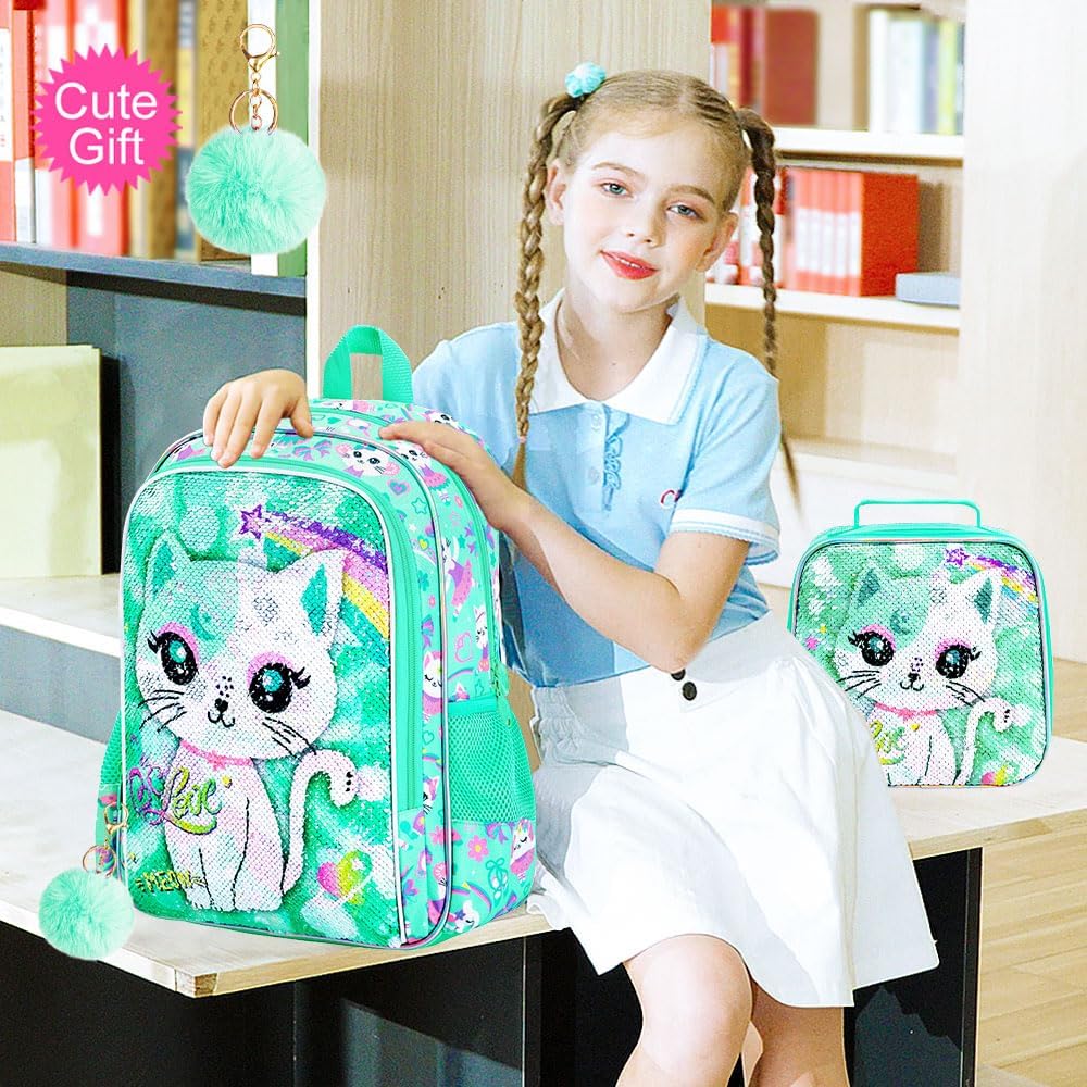 KLFVB 3PCS Unicorn Mermaid Backpack for Girls, 16" Sequin Kids Bookbag and Lunch Box, Preschool Backpacks for Elementary