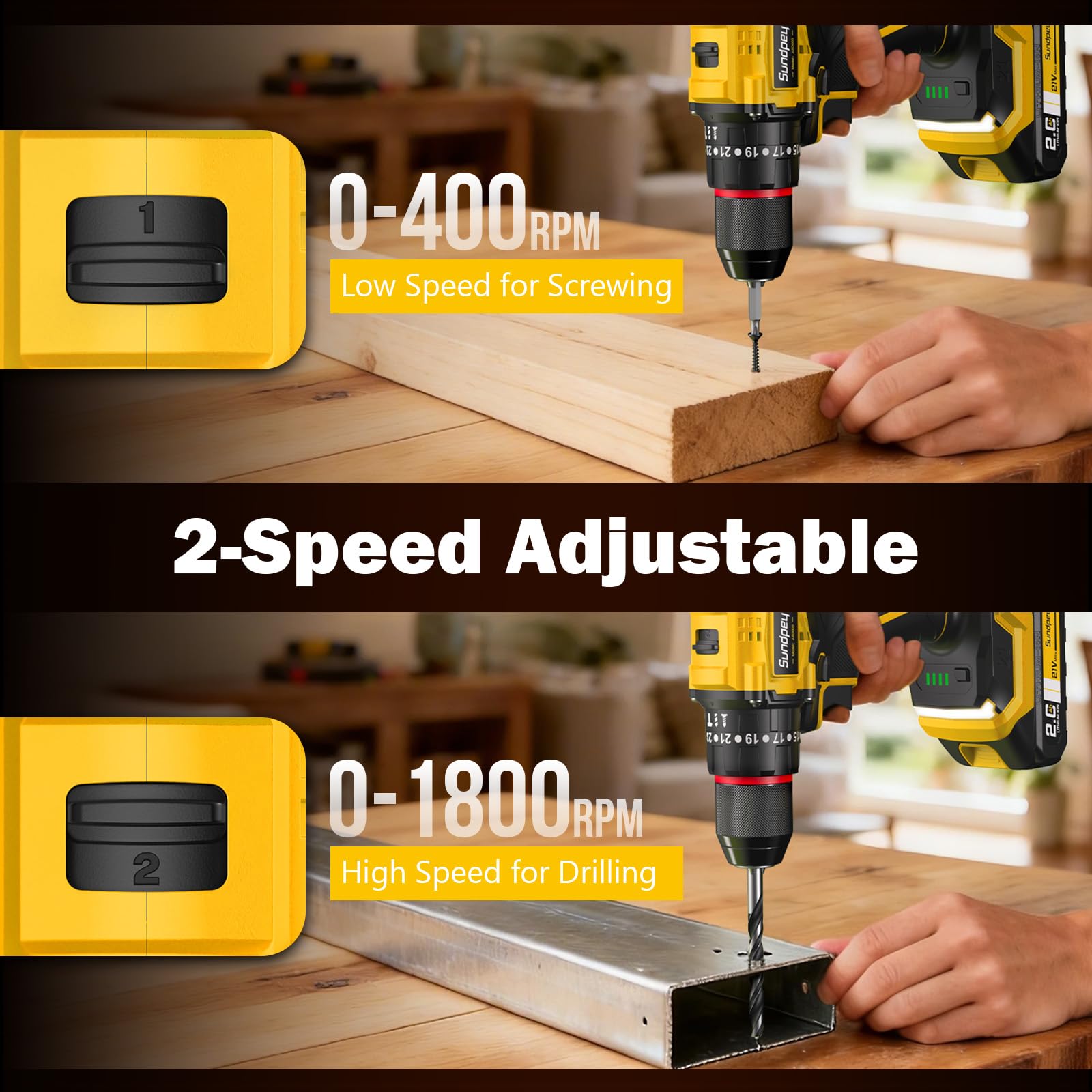 Sundpey Perceuse à percussion sans fil 70 Nm 21 V moteur sans balais mandrin métal 9,5 mm 26 réglages couple lumière LED