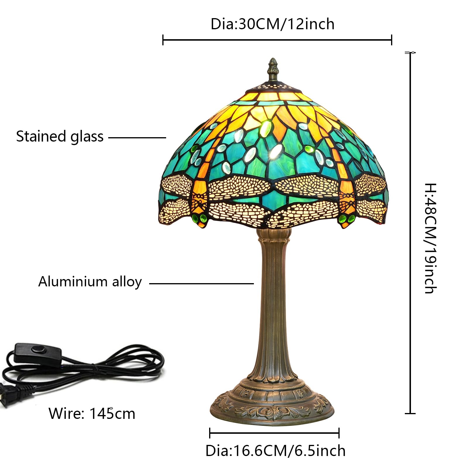 Lampada Tiffany Green Dragonfly Style Lampade di vetro macchiato Camera da letto Lampada da comodino per Office Art Craft Decor Antico Accent Comodino Estetico Retro Metallo Lettura 12 pollici