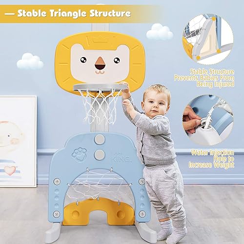 Miniatura 7 de Costzon Aro de baloncesto para niños, centro de actividades deportivas para niños pequeños con 5 niveles de altura ajustables, juego de juego de