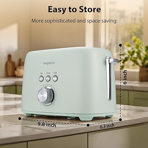 Miniatura 3 de LONGDEEM Tostadora de 2 rebanadas de acero inoxidable con ranura extra ancha de 1.5 pulgadas con palanca de elevación alta, 6 ajustes