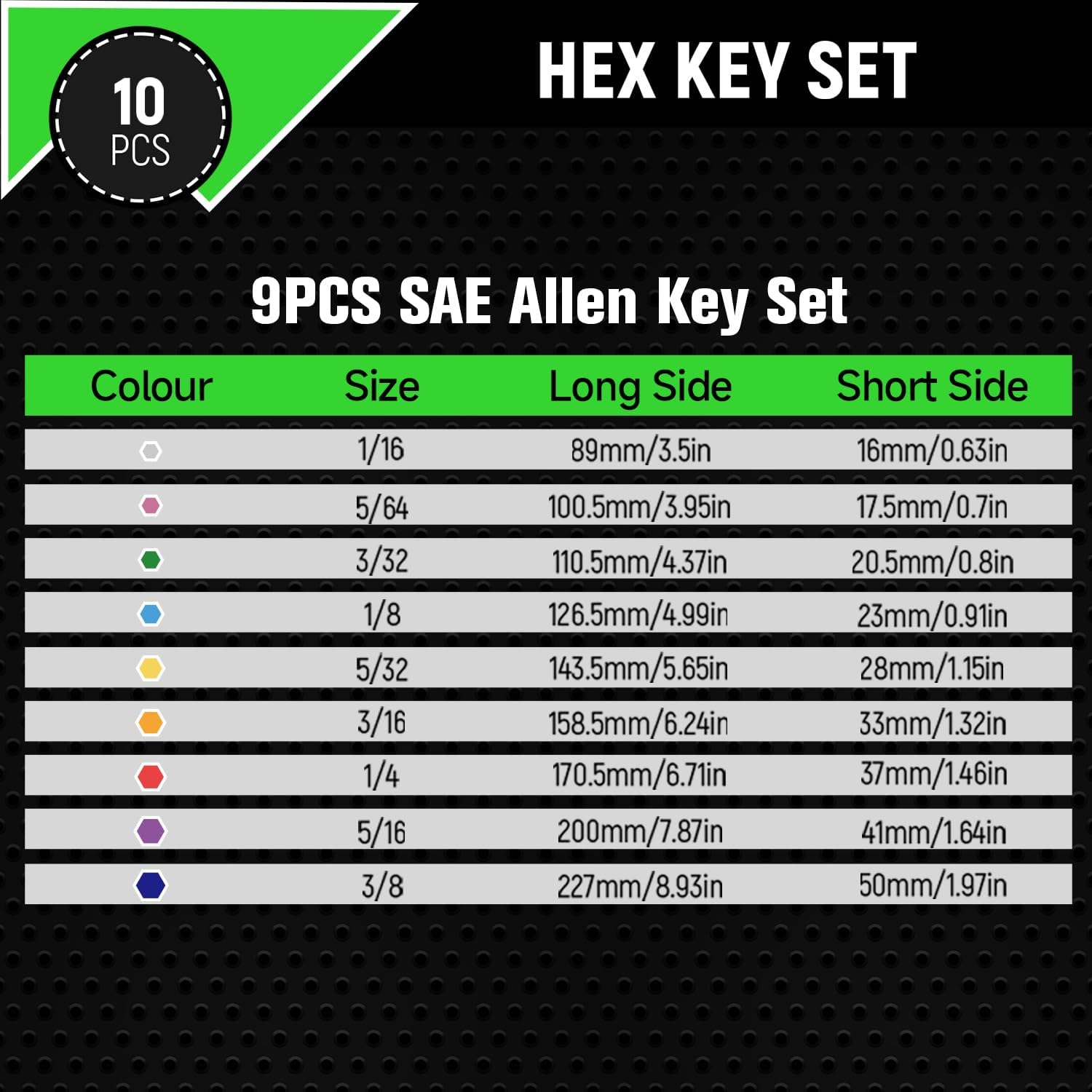 Allen Wrenches Sets, 9pcs Allen Key Set with Ball End & T Handle, Long Arm Hex Key Set SAE(1/16"-3/8") Durable CR-V Steel, Color-Coded for Easy Selection, Ideal for Repair & Assembly