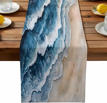 Table Runner 70 Length - Beach Blue Wave Abstract Art Linen Table Runners Dining Table Decoratio Summer Coastal Seaside Dresser Scarf Washable Tablerunners for Kitchen/Party
