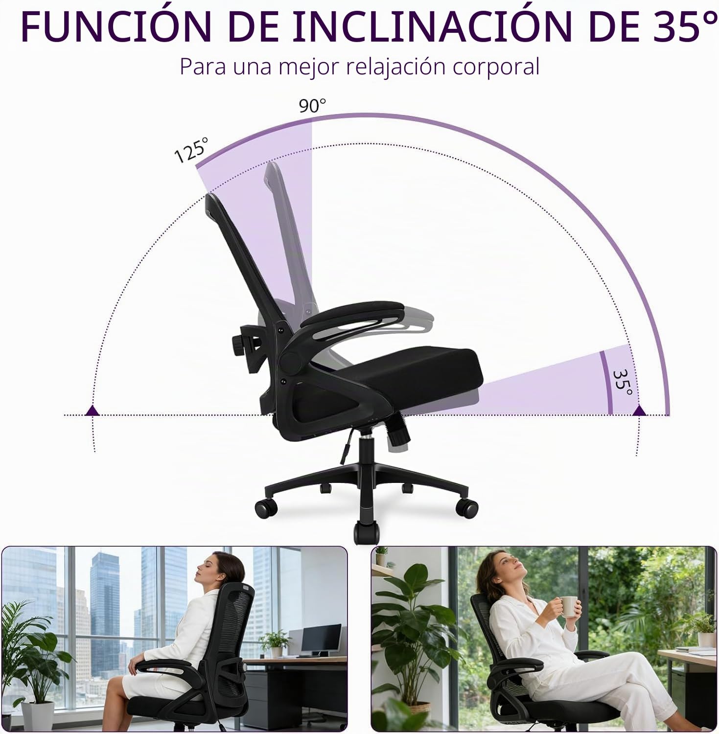 Silla de Oficina Ergonómica con Soporte Lumbar Ajustable, Reposabrazos y 125° Respaldo Inclinable, Silla Giratoria de Malla Respirable con Ruedas Omnidireccionales Silenciosas, Oficina y Hogar, Negro