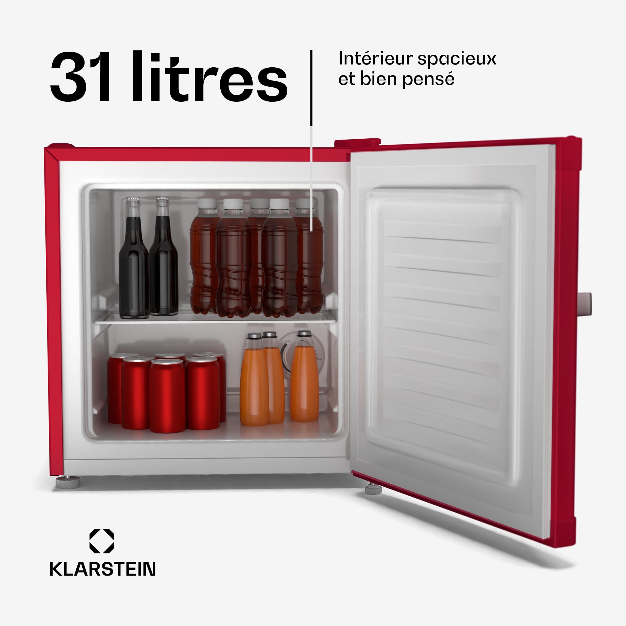 KLARSTEIN Irene Retro Mini congélateur, réfrigérateur congélateur 31 L,Température ajustable -24°C à 10°C, Économie d'énergie Classe C, Silencieux 38 dB, Design Compact Rouge, Petit Congélateur