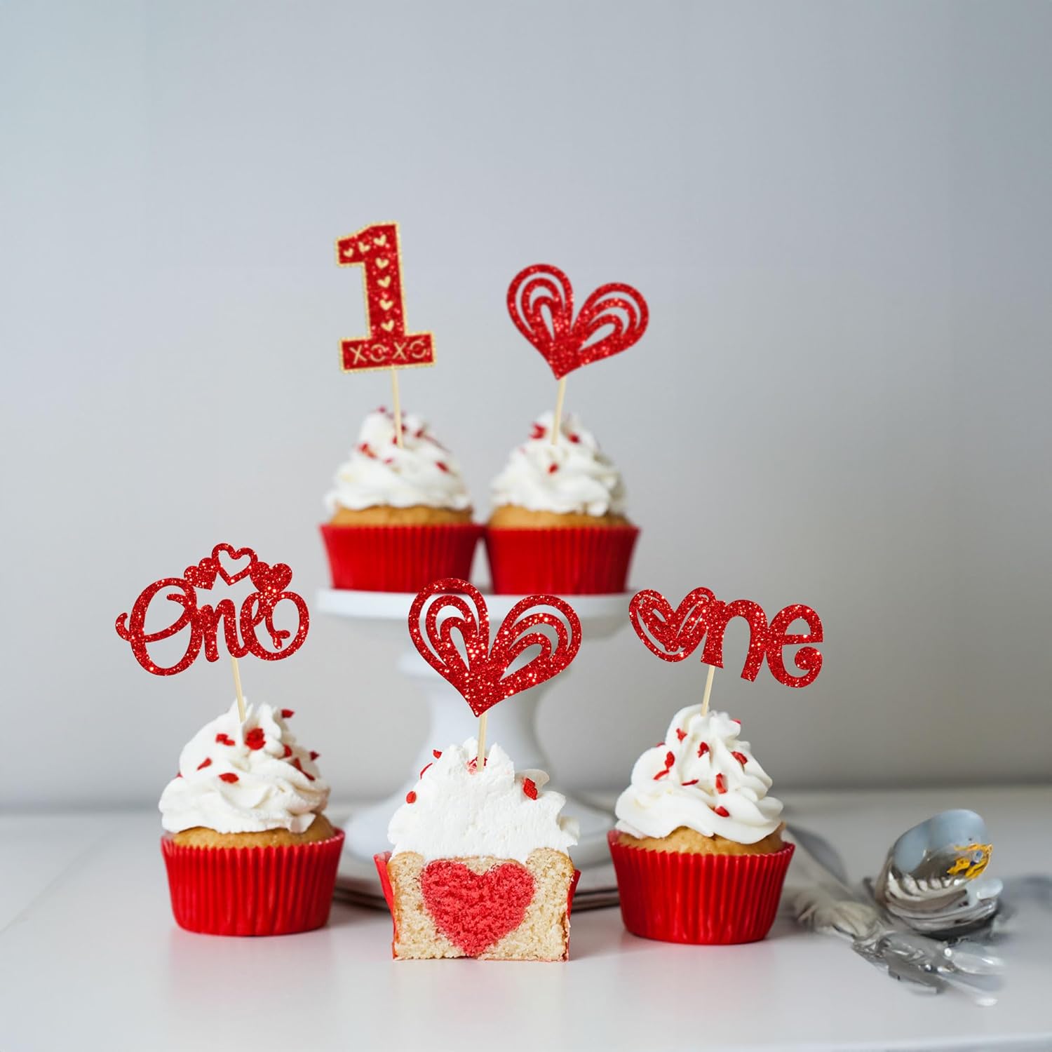Gyufise 24Pcs Valentine's Day One Cupcake Toppers Glitter Sweet Heart 1st Birthday Cupcake Picks Wedding Anniversary Valentine's Day Baby Shower First Birthday Party Cake Decorations Supplies Red - Image 6