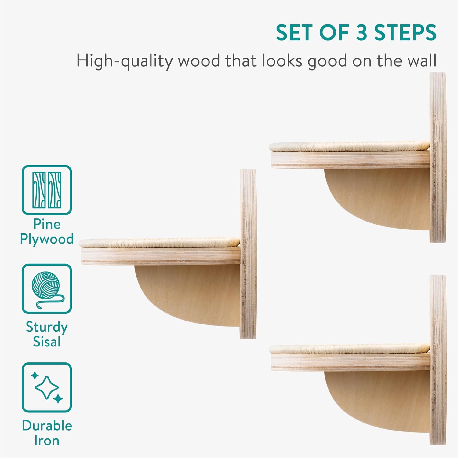 Navaris Wall Mounted Cat Shelves with Sisal Mats - Set of 3 Steps - Space-Saving Climbing Cat Shelf - Easy to Install Furniture for Indoor Cats