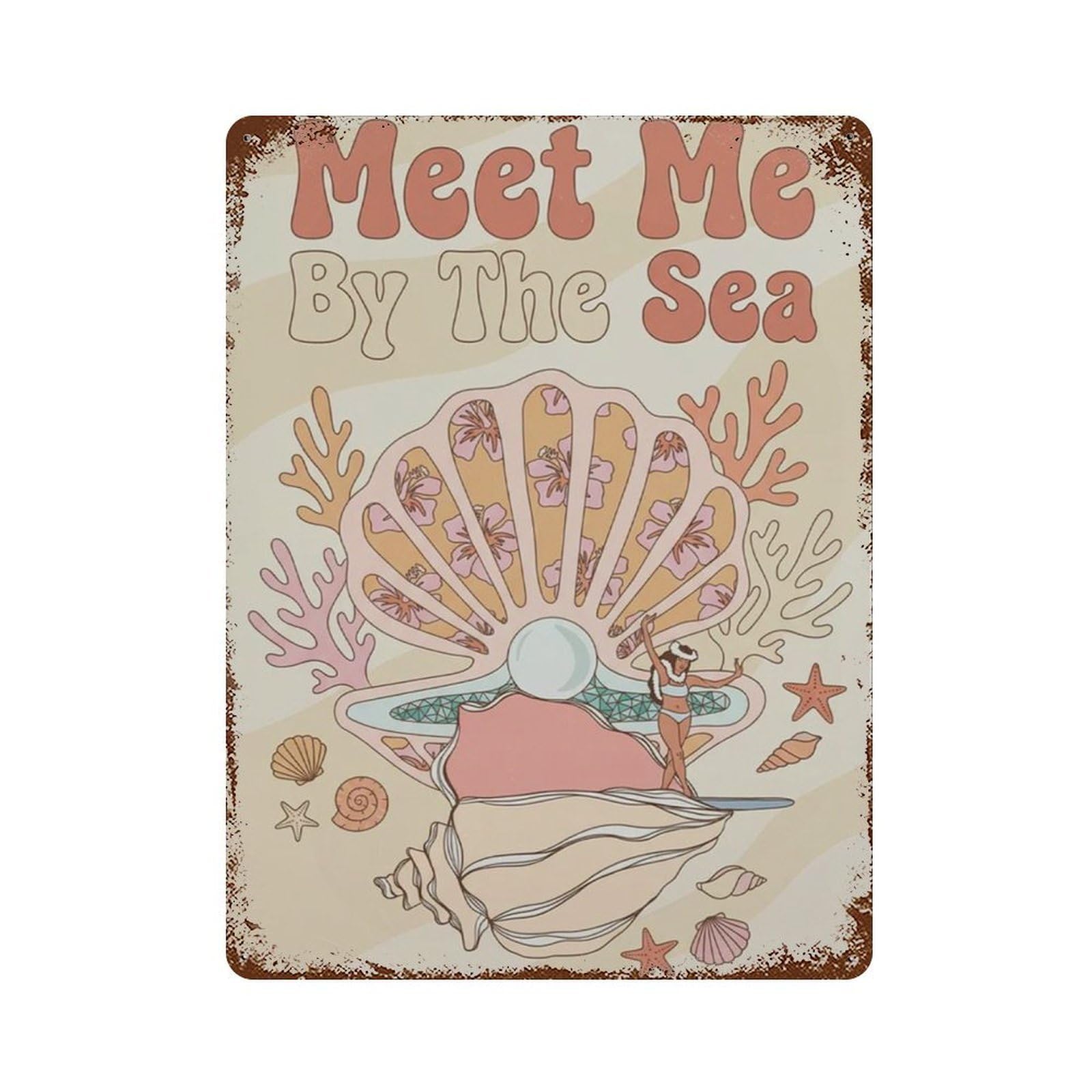 xiaoxiaoshen Meet Me By The Sea Retro Coastal With Surfer Girl And Coral Beach House Linocut Wall Decor Art Metal Tin Poster Modern Home Decor Art Home Bar Shop Decorations Vintage Sign 40x30cm