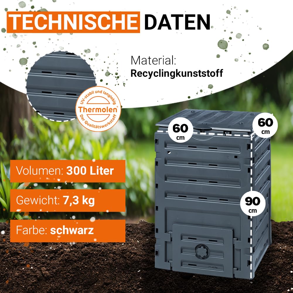 GARANTIA ECO-Master Kunststoff-Komposter 300 Liter schwarz - Kompostbehälter für Gartenabfall und Kompostierung - Schnellkomposter Garten mit großer Öffnung - praktische Entnahme durch Griffmulde