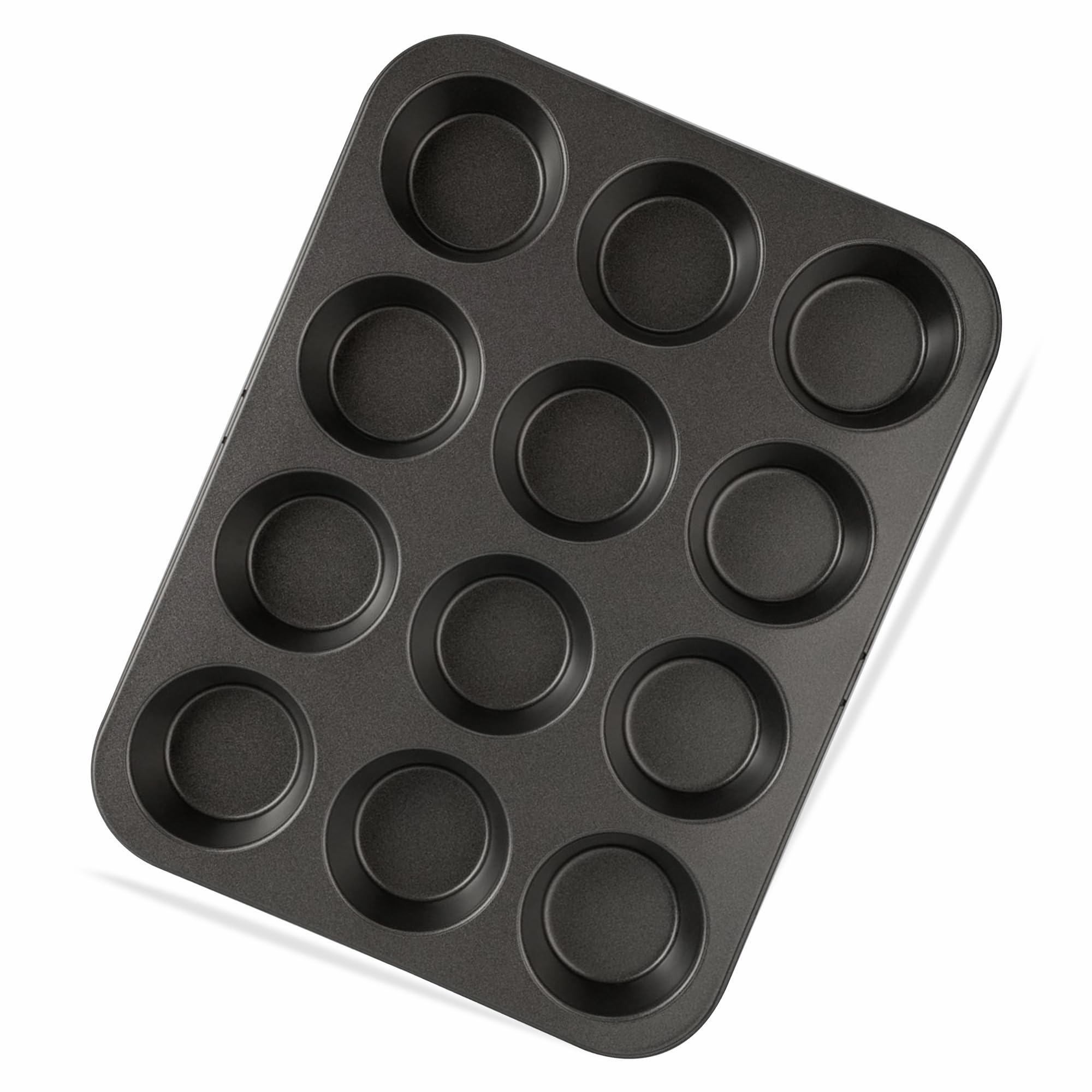 Nonstick 12 Cup Muffin Tray - Dishwasher Safe, Premium Bakeware for Muffins & Cupcakes, Heat Resistant, Stain-Resistant, Oven-Safe up to 450°F, Black