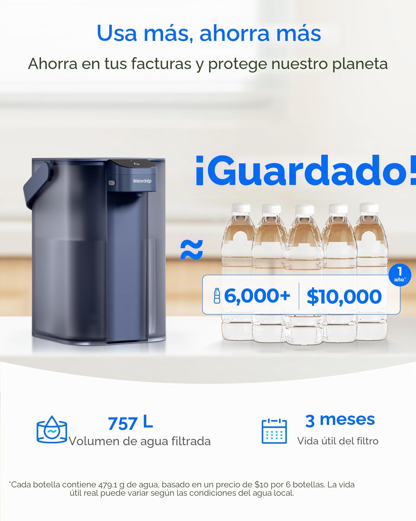 Waterdrop Jarra de filtro de agua eléctrica de acción instantánea y filtro de 3 meses, sistema de filtración de agua de 3,5 l para encimera, reduce el 98% de cloro y más de 20 impurezas, color azul