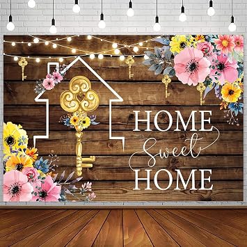 InMemory New House Key Housewarming Backdrop Wooden Flowers Sparkling Lights Home Sweet Home Party Decorations Banner Wallpaper Photo Photography Background 7x5ft