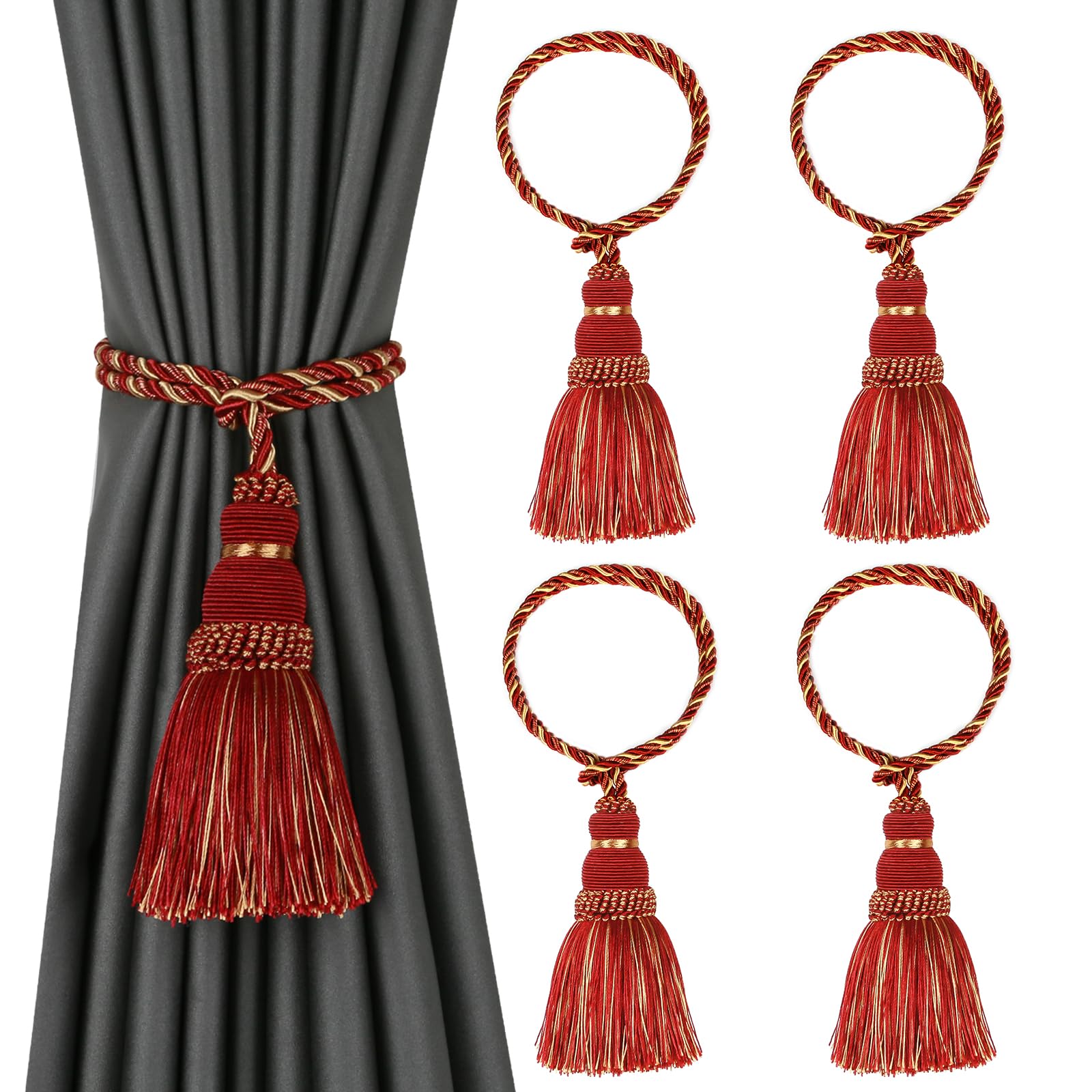 Tassel Curtain Tiebacks， Curtain Tiebacks Braided Rope Tassels 4 Pack Multicolor(Red)