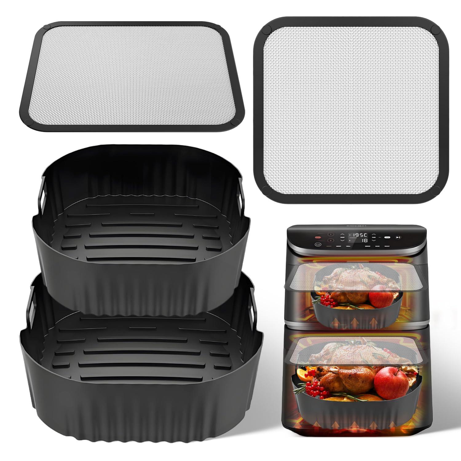2 Silicone Air Fryer Mould (6.5 / 4.3 L) for Cosori Turbo Tower Pro Smar 10.8 L and 2 Stainless Steel Splash Guard Accessories Air Fryer Non-stick and Easy to Clean Black
