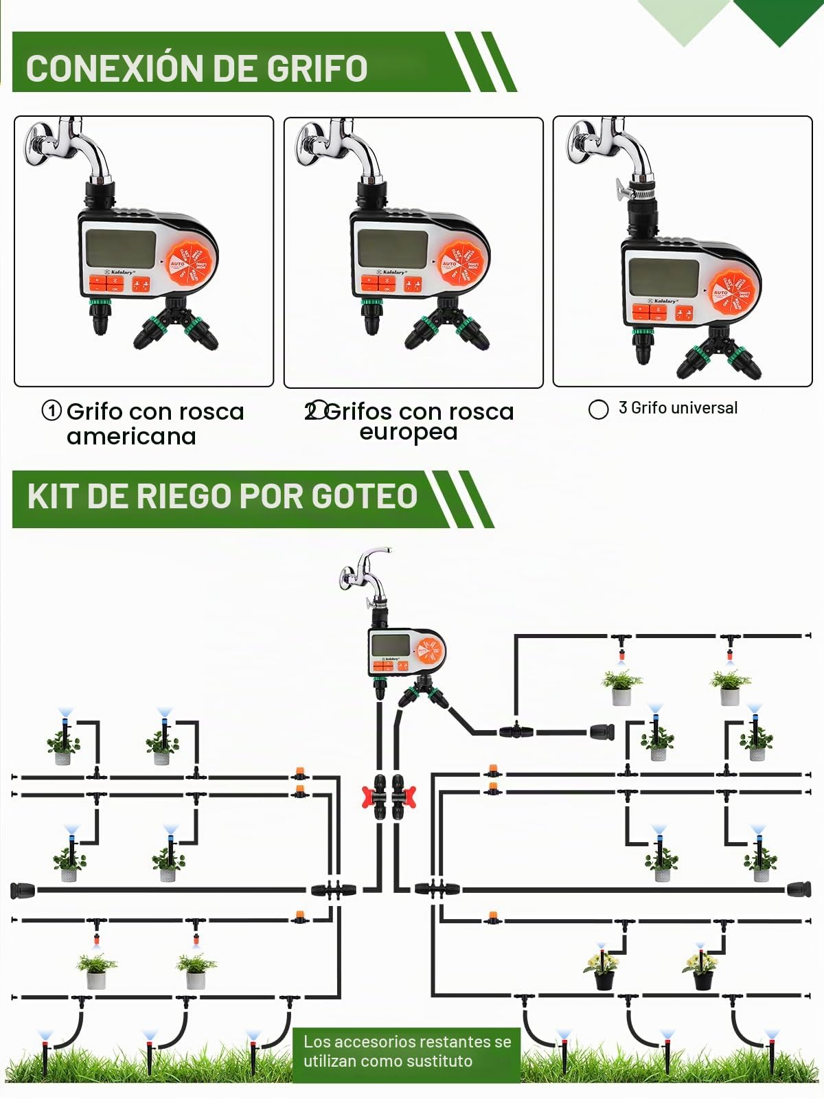Kalolary Juego de riego por goteo para jardín de 182 pies, sistema de riego por goteo automático con temporizador, tubo de 1/2 pulgada y 1/4 pulgadas, sistema de riego, kits de manguera de goteo para