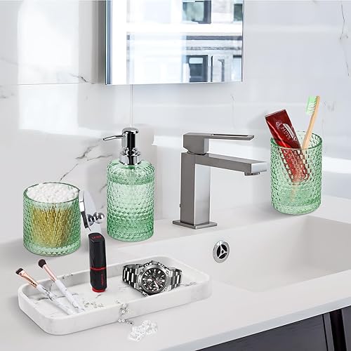 Miniatura 4 de Juego de accesorios de baño, 4 piezas de accesorios de baño de vidrio verde, dispensador de jabón de loción, soporte para cepillos de dientes,
