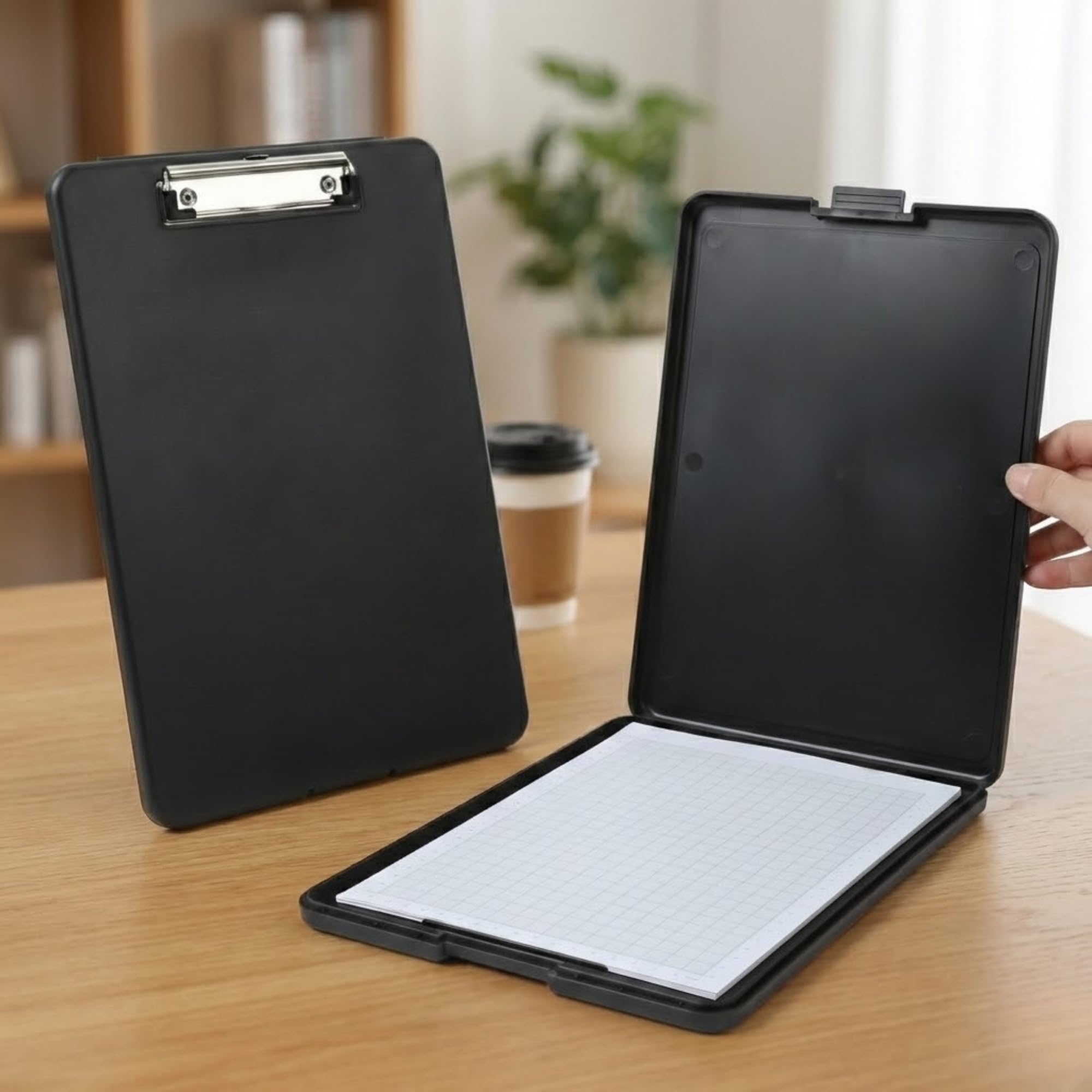 DaKos A4 Plastic Board with Storage Compartment for Document, Clipboard with Secure Metal Clip, Pen Slot & Lock Lightweight Writing Pad for Office, School, Hospital & Field Work (Black Tail Open)