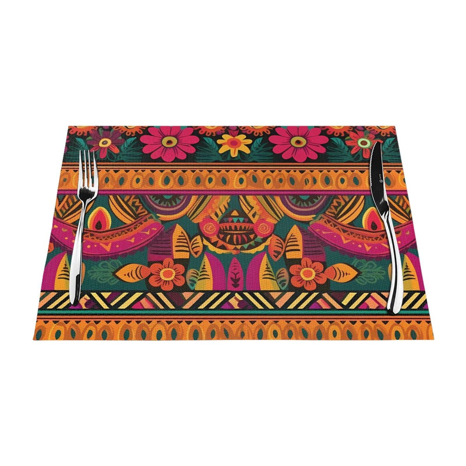 Mexican Folk Art Boho Placemats Set of 1 - Woven Vinyl Kitchen Table Placemats - Heat Resistant Non-Slip Place Mats for Dining Table, Washable Indoor Outdoor Table Mats 12x18 Inch