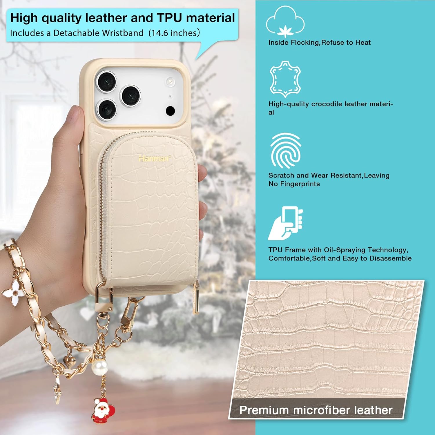 Hanman Magnetic Wallet Case for iPhone 17 Pro Max,RFID Blocking Leather Zipper Purse Magnetic Case with Chain Patche for iPhone 17 Pro Max,2 in 1 Detachable Magnetic Wallet Cover-Beige