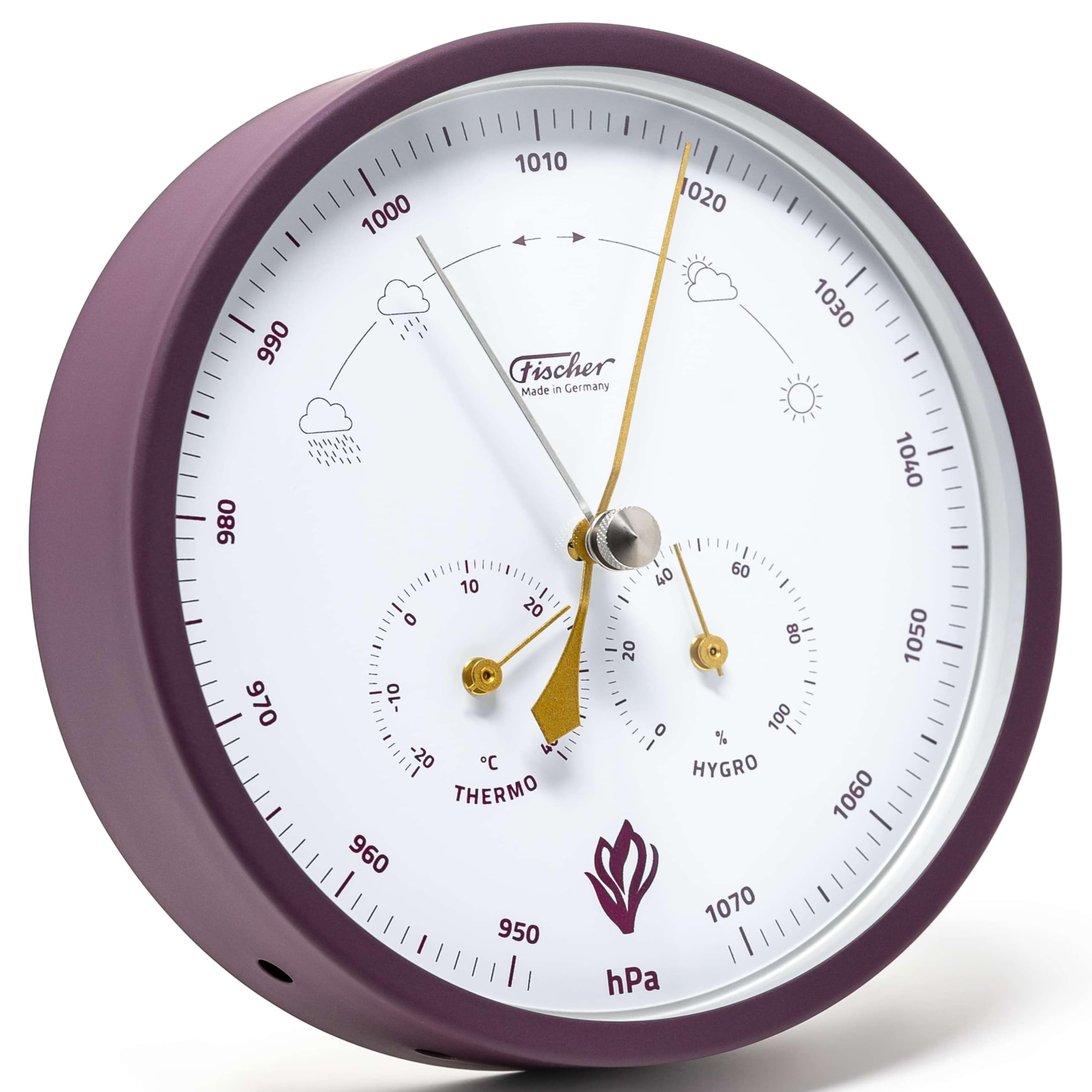 Fischer 1602-24, Wetterstation, Glas, Edelstahl, Messstation | Barometer mit Thermometer und Hygrometer, Krokus-Edition Violet, Gold, Messbereich 20-100 % r. F., Genauigkeit ± 5 % r. F.
