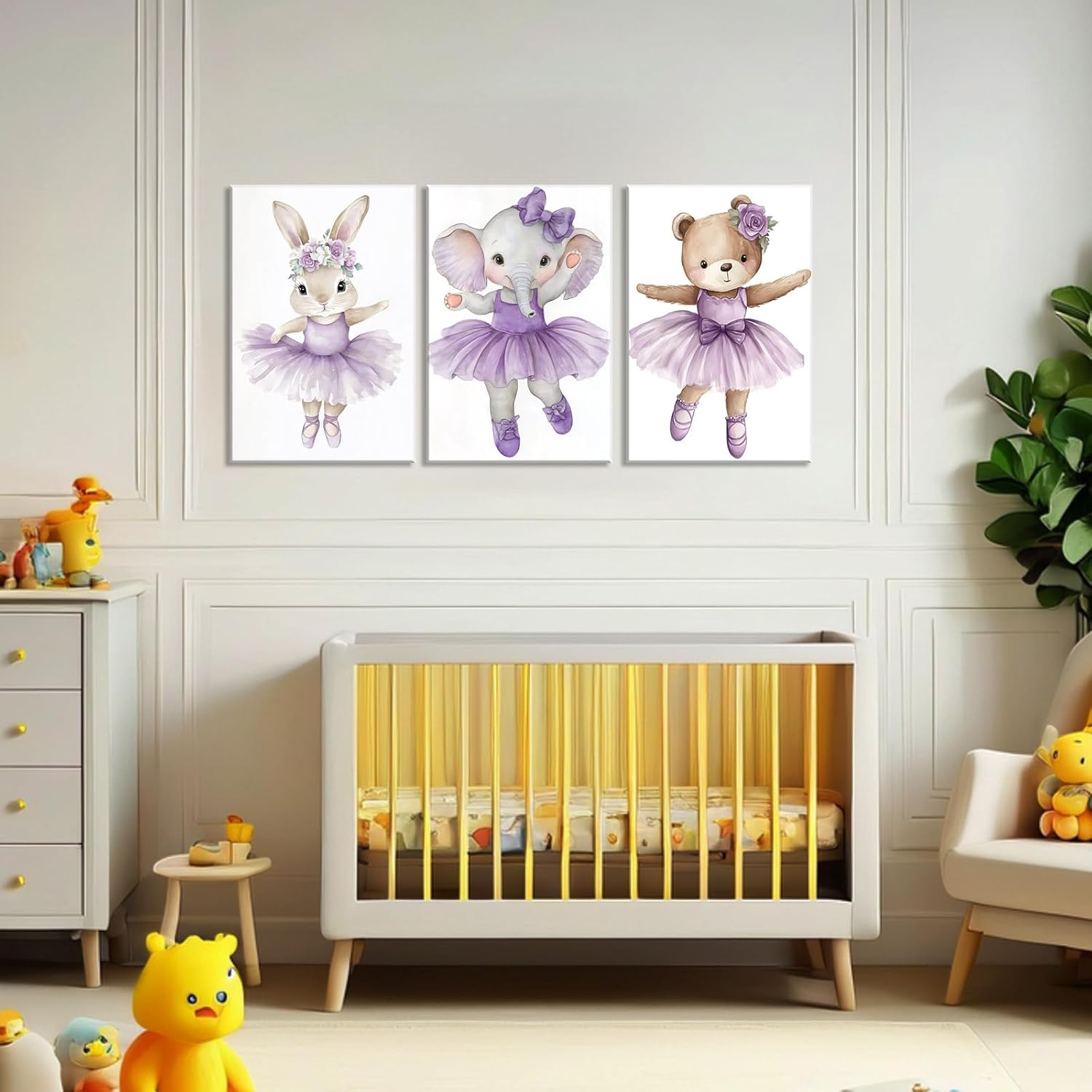 Nursery Canvas Wall Art 3 Piece Bunny Elephant Bear with Purple Skirts Picture Cute Animal in Dance Painting Prints for Kids Room Living Room Wall Decor Framed(Art-1,11.00"x14.00"x3P)
