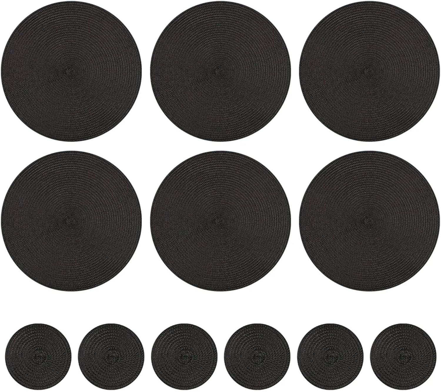 12pcs Round Braided Table Mat Washable Placemats Anti Slip Dining Tableware Bowl Pads Home Kitchen Decor Drink Cup Pad Coasters(Black,12xMat 12xCoaster)