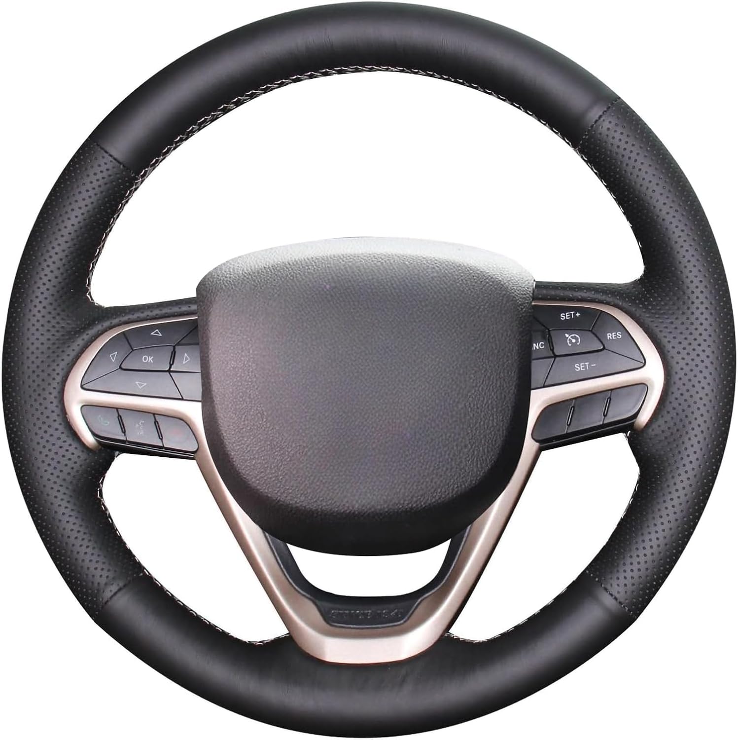 Loncky Black Genuine Leather Steering Wheel Cover for Jeep Cherokee 2014 2015 2016 Grand Cherokee 2014 2015 2016 2017 2018 2019 2020 Car Custom Fit OEM Hand Sewing Interior Accessories