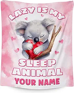Custom Koala Blanket, Cute Soft Throw Gifts for Women, Cozy Flannel Throw Blankets for Bed Living Room, Pink 60"x80"