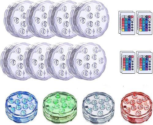 Paquete de 8 luces LED sumergibles con control remoto, luces sumergibles impermeables que funcionan con pilas, luces subacuáticas para estanques RGB