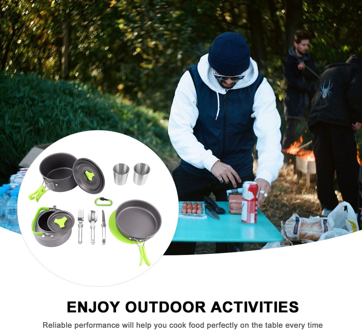 Portable Camping Cookware for People Non-Stick Outdoor Pot and Pan Kit with Food-Grade Cutting Board Lightweight Picnic Cooking Tools for BBQ and Hiking