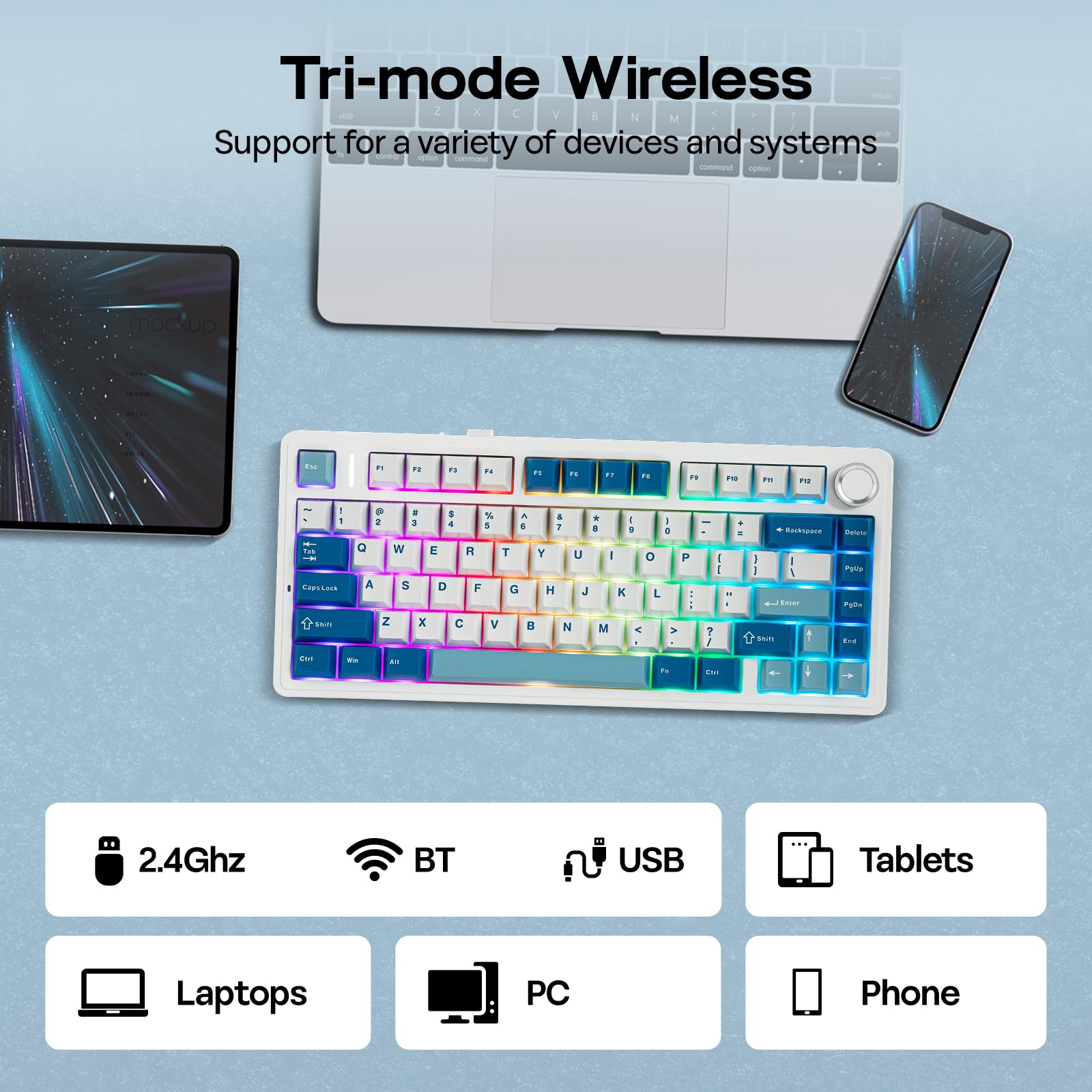 EPOMAKER Aula F75 Ultra Teclado Gaming Mecánico con Via Programable, Azul | Inalámbrico, 10000mAh, Perilla, Hot-Swap, Gasket, Luz RGB, BT/2.4GHz/Type-C, para PC y Mac, Reaper Switch