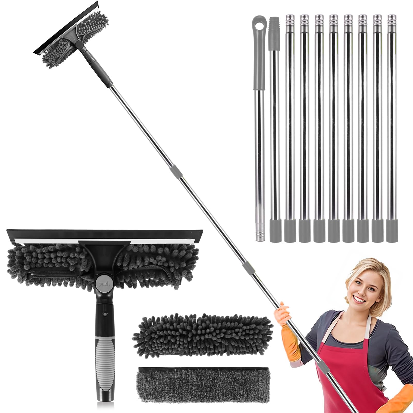 Window Cleaning Kit,2 in1 Professional Window Cleaning Equipment with 10 Extension Pole,4.25m (14ft) Long Reach Telescopic Window Cleaner Brush Tool with Spare Microfiber Cloth (Gray)