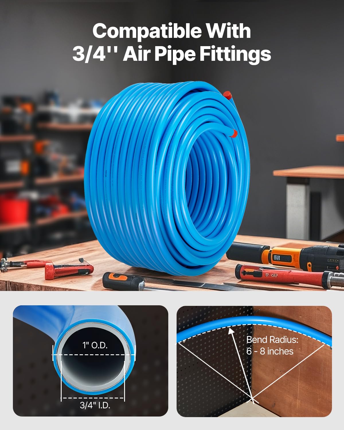 VEVOR Kit Conduite de Compresseur d'Air, 91,44 m x 19,05 mm, Système de Tuyauterie d'Air Comprimé en PEHD Aluminium, Étanche, Facile à Installer, Kit Tubes d'Air Comprimé pour Garages, Ateliers, Bleu