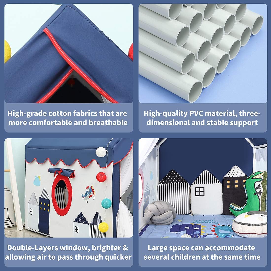 Kids Tents Indoor Playhouses Boys 9.9Ft Star String Lights Blue Tent for Upgraded Large and Longer Curtain with Colorful Accessories Decoration 50.4 x 47.3