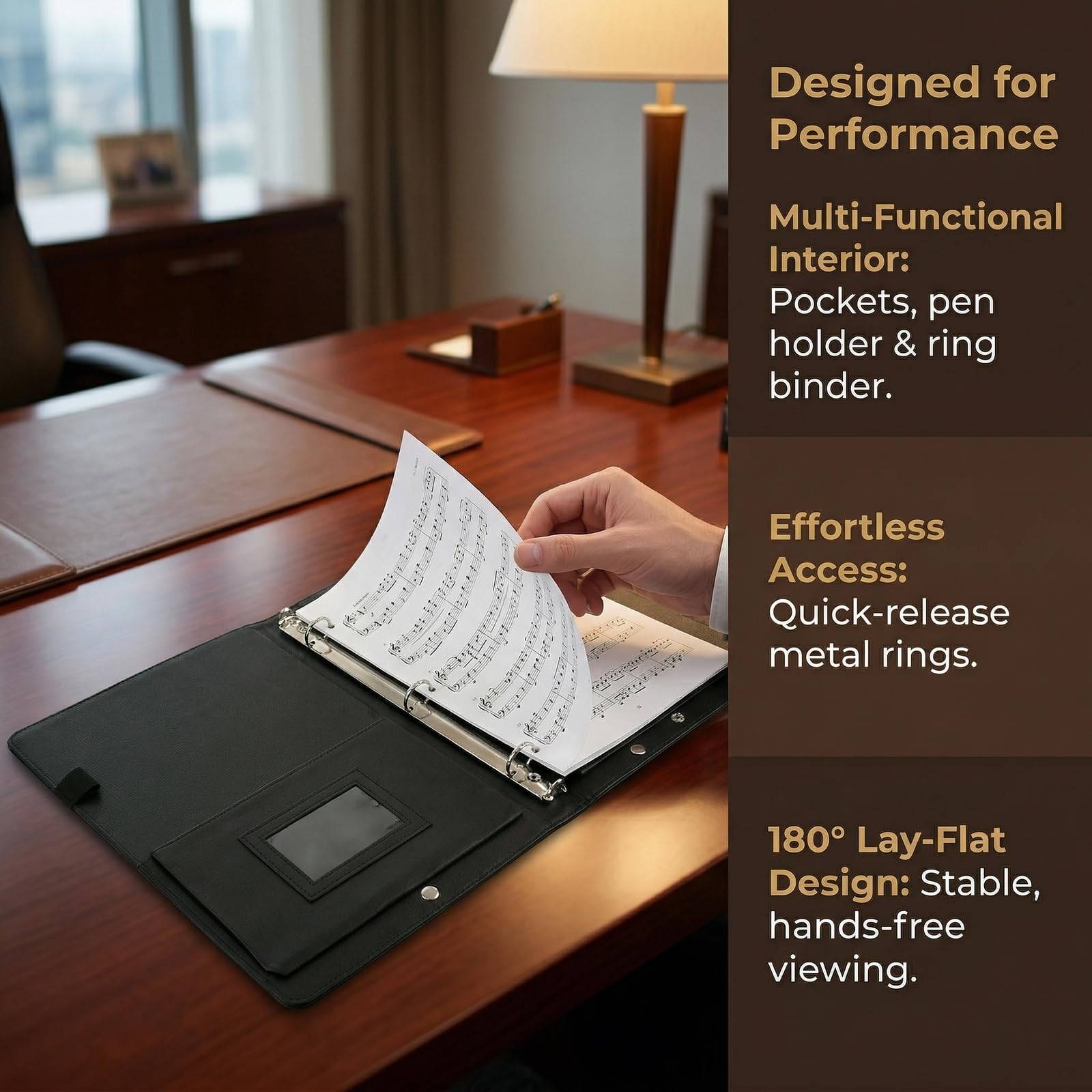 Classeur Partition Musique, Pochette à Partitions A4, Porte Partition Choralewith 3 Rings, Porte-Partitions de Luxe A4 en PU avec Sangle et Porte-Stylo pour Documents, Papier