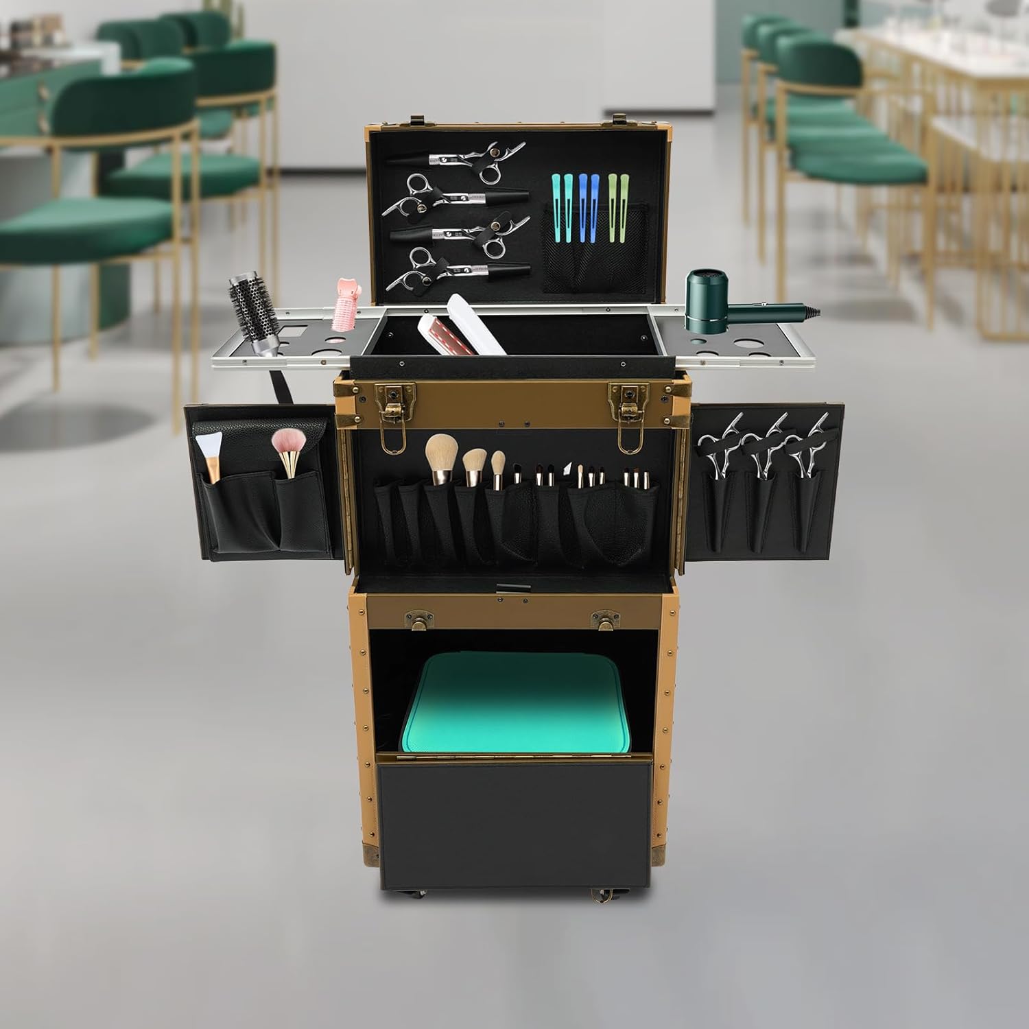 Rolling Hairdressing Case - Professional Makeup Train Case with Dual Password Locks, Cosmetic Organizer for Salon/Barber/Nail Artists (Gold)