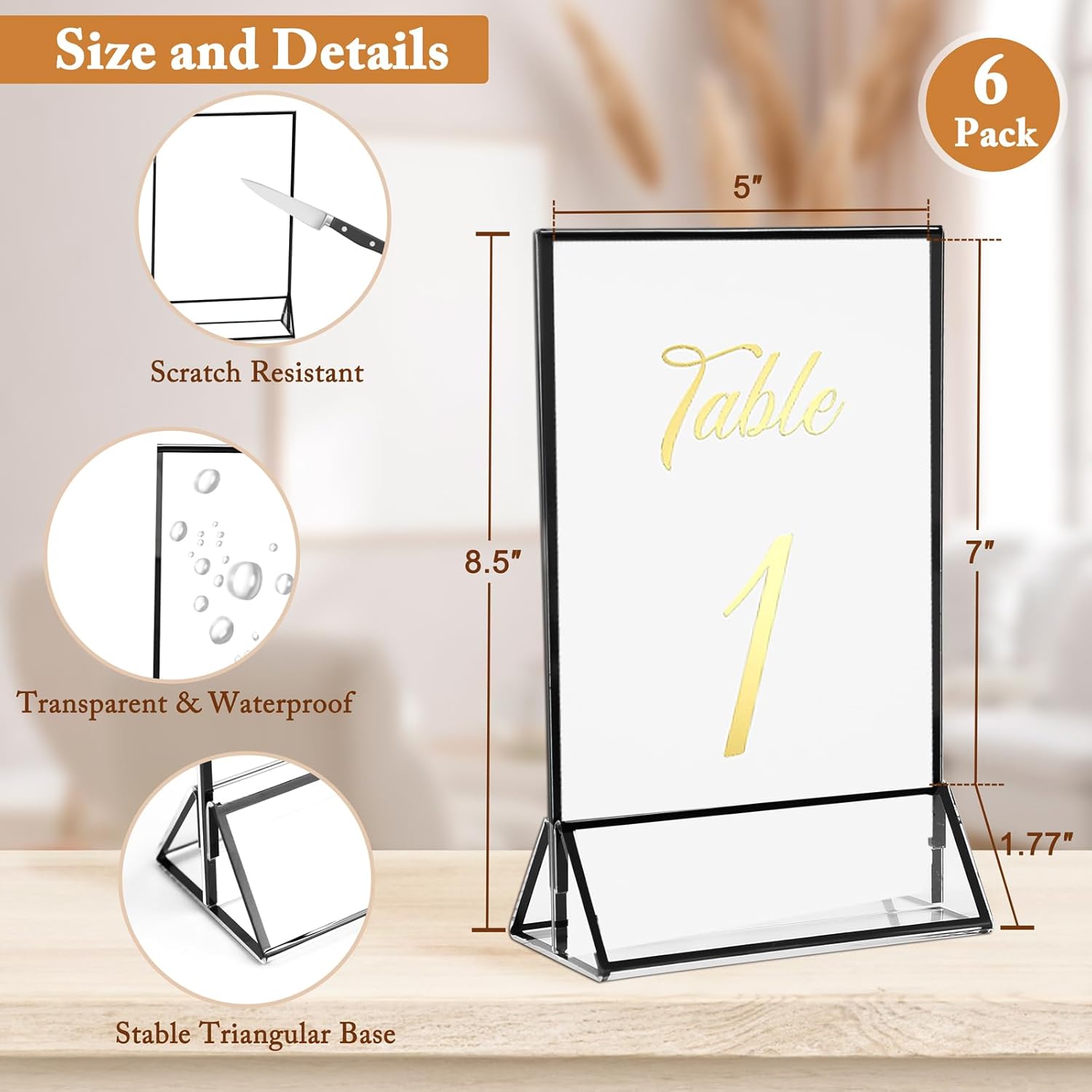 Floroom 6 Pack 5x7 Inch Clear Acrylic Sign Holders, Double-Sided Black Display Stand Picture Frames for Table Numbers, Menus, Flyers, Weddings, and Offices
