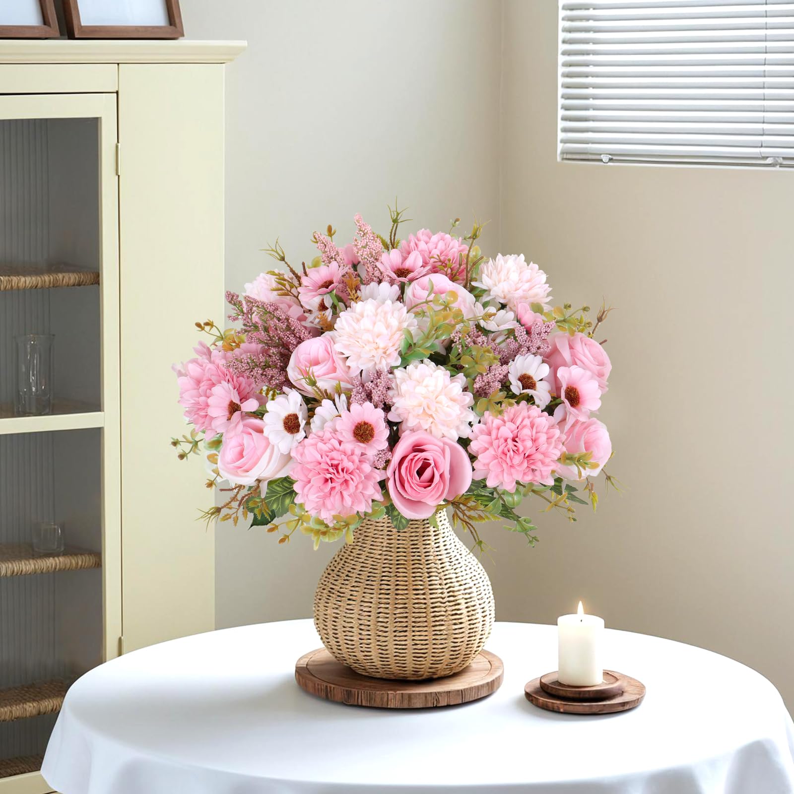 MEIVINES 2 Bunches Pink Artificial Flowers Fake Flowers Artificial Flower Bouquet Faux Roses Silk Flower Arrangements for Wedding Party Home Kitchen Decorations - Image 2