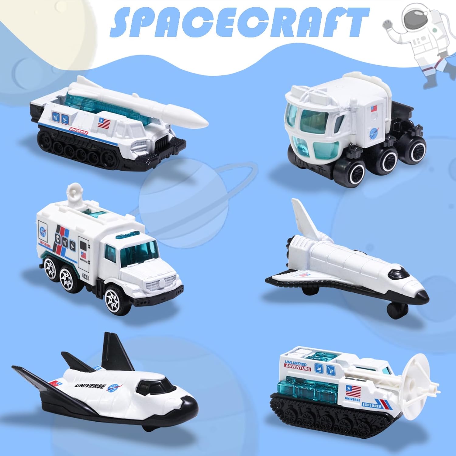 Oriate 6PCS Diecast Rocket Ship Space Car Toys Set, Spaceship, Explore, Space Shuttle, Rockets for Kids 3-5 6 7 8, Mobile Lab Mini SpaceFleet Toys for Boys Girls and Creative Birthday Easter Gifts.