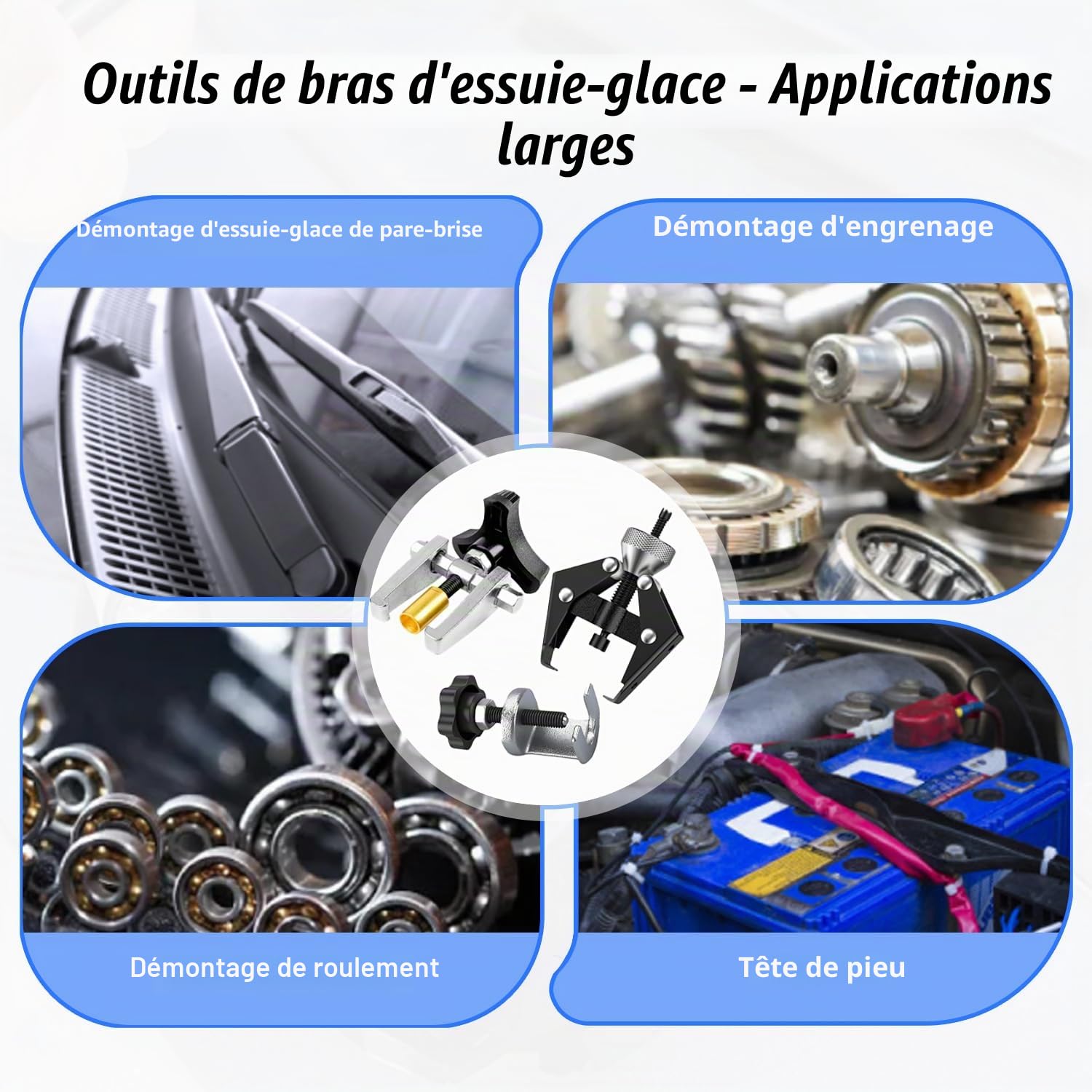 Extracteur Essuie Glace Extracteur de Roulement Arrache Moyeu Set 4 Pièces | Plage Ajustable, Ouverture Max 40mm, Entretien Automobile, Accessoires Atelier, Démontage Mécanique