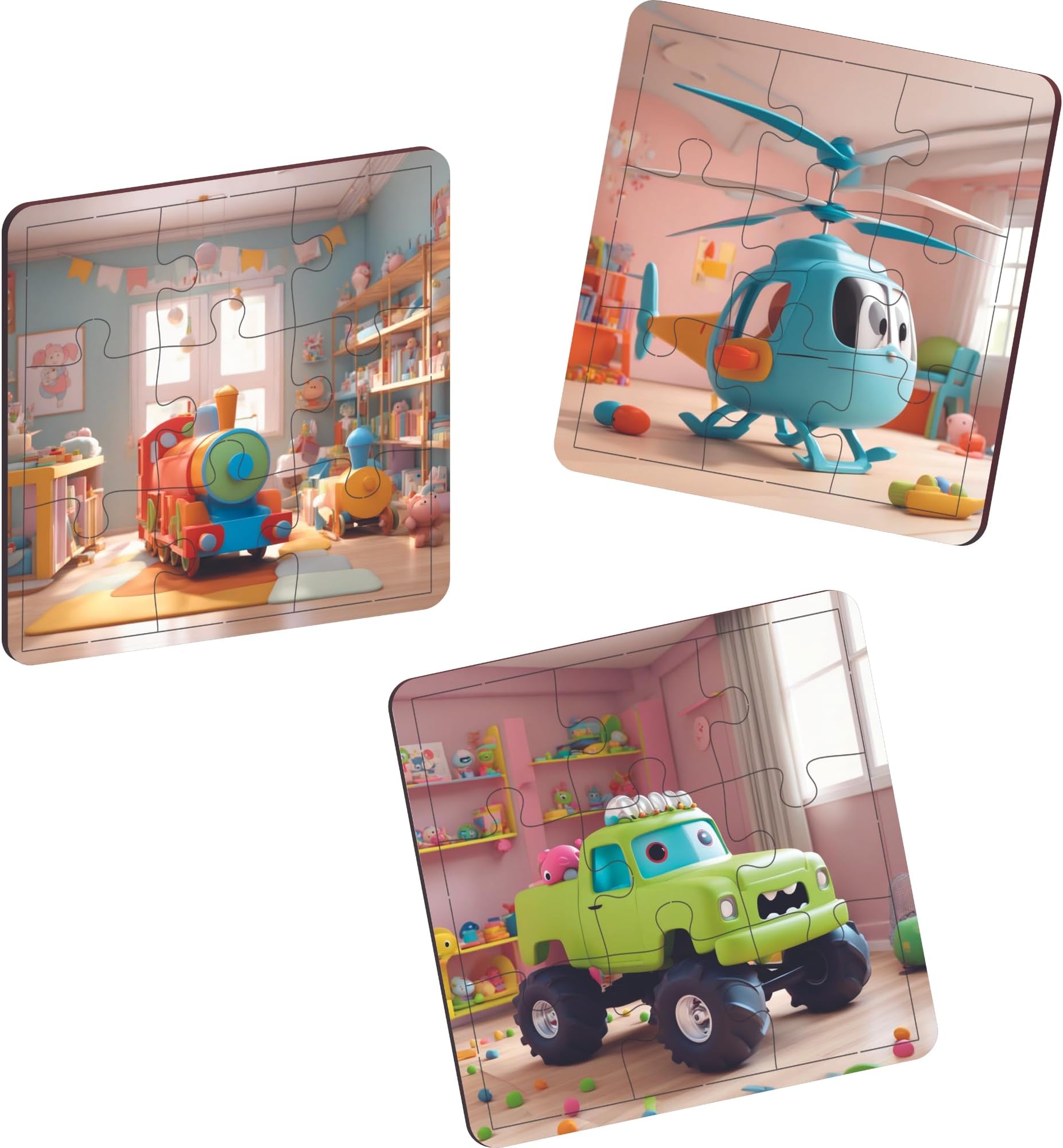 CLAWCRAFTS Puzzle Clawcrafts Kid's Wooden Car Train&Helicopter Jigsaw Puzzle For Children Set Of 3 Puzzle|Puzzle Kids Game Paperless Puzzle 9 Pieces In Each|Kids Brain Development Toy|Birthday Gifts