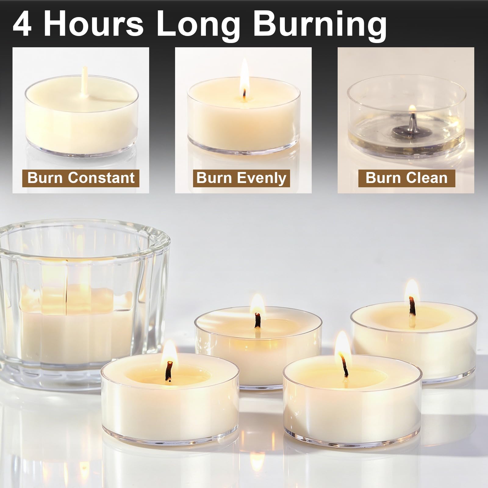 Candele tealight in cera di soia, 100 pezzi, durata 4 ore, candele bianche senza fumo, atossiche, senza paraffina, in acrilico trasparente, per matrimoni, casa, emergenze e cene