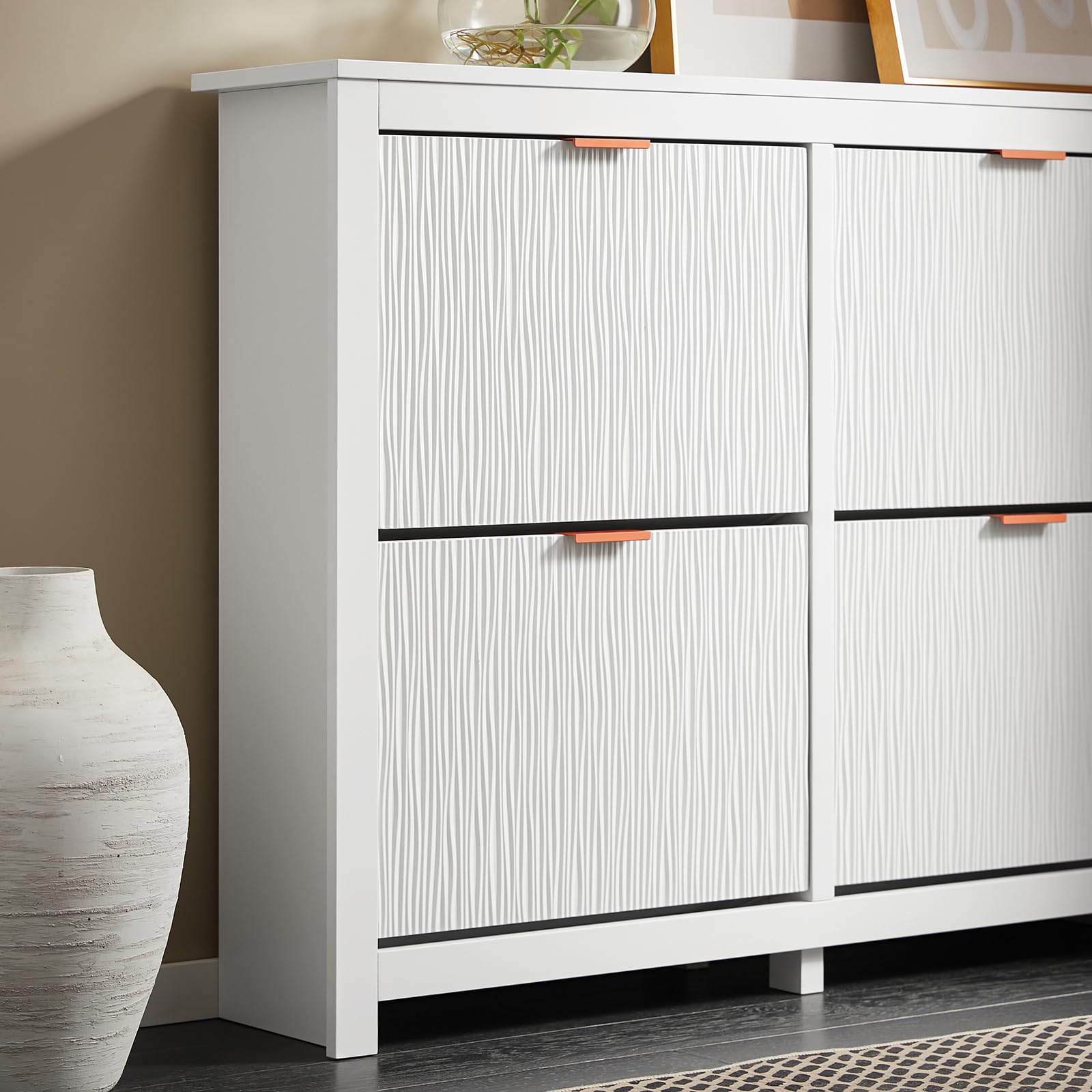 SoBuy Zapatero Entrada Recibidor - Mueble Zapatero Estrecho Blanco 4 Solapas de 2 Niveles para Pasillo Estrecho y Recibidor, Diseño Compacto y Elegante, MDF E1 104x23x82cm FSR186-II-W