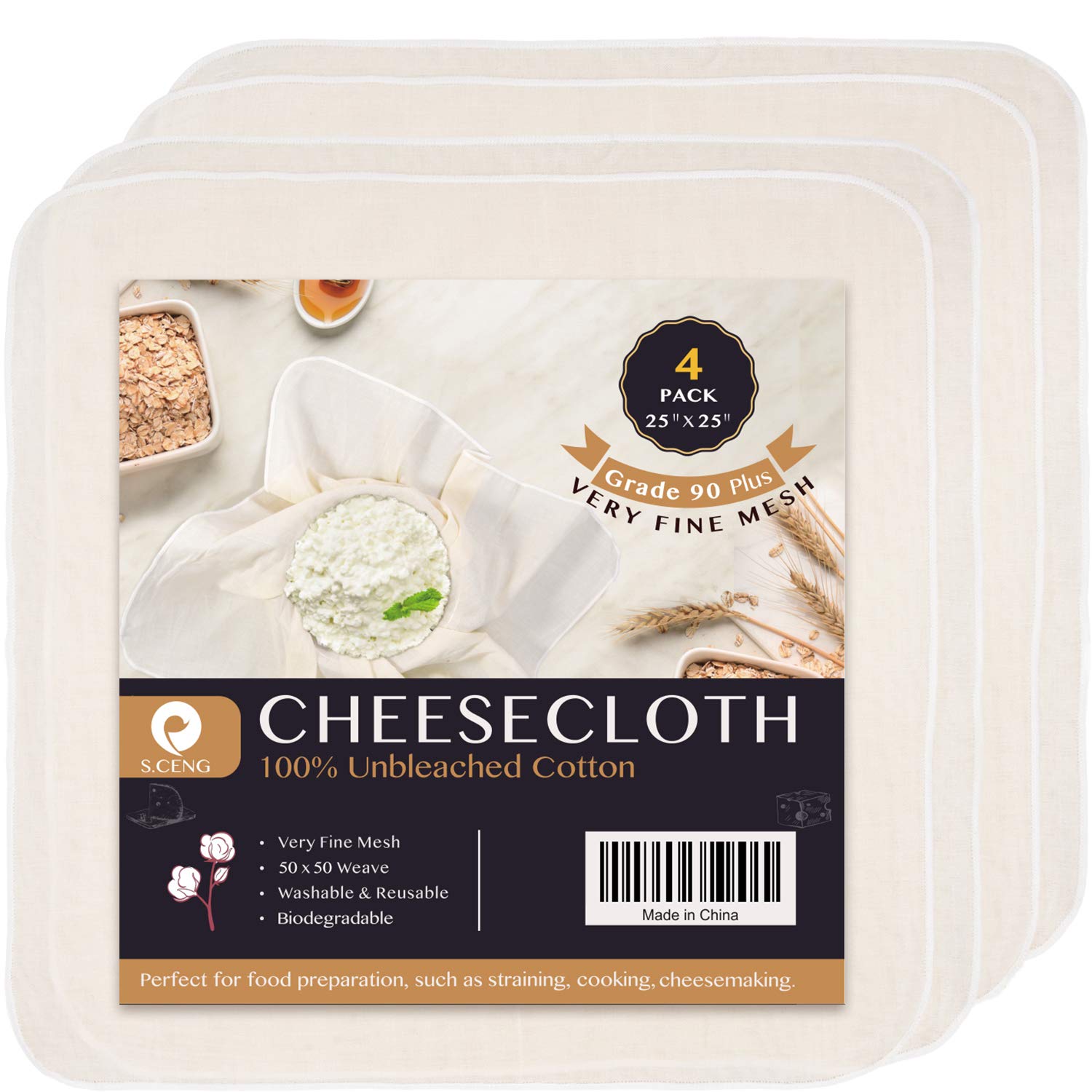S.CENGPrecut Cheesecloth, 25 x 25'' 4 Pack, Grade 100, Ultra Fine Muslin Cloth for Straining & Cooking, 100% Unbleached Cotton Cloths