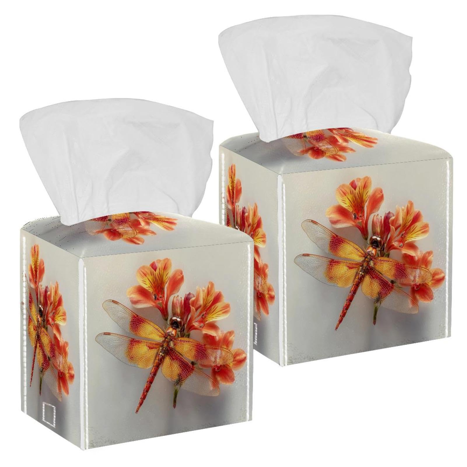 Dragonfly Tissue Box Cover, 2 Pack PU Leather Square Facial Tissue Dispenser Box holder for Home Office Car