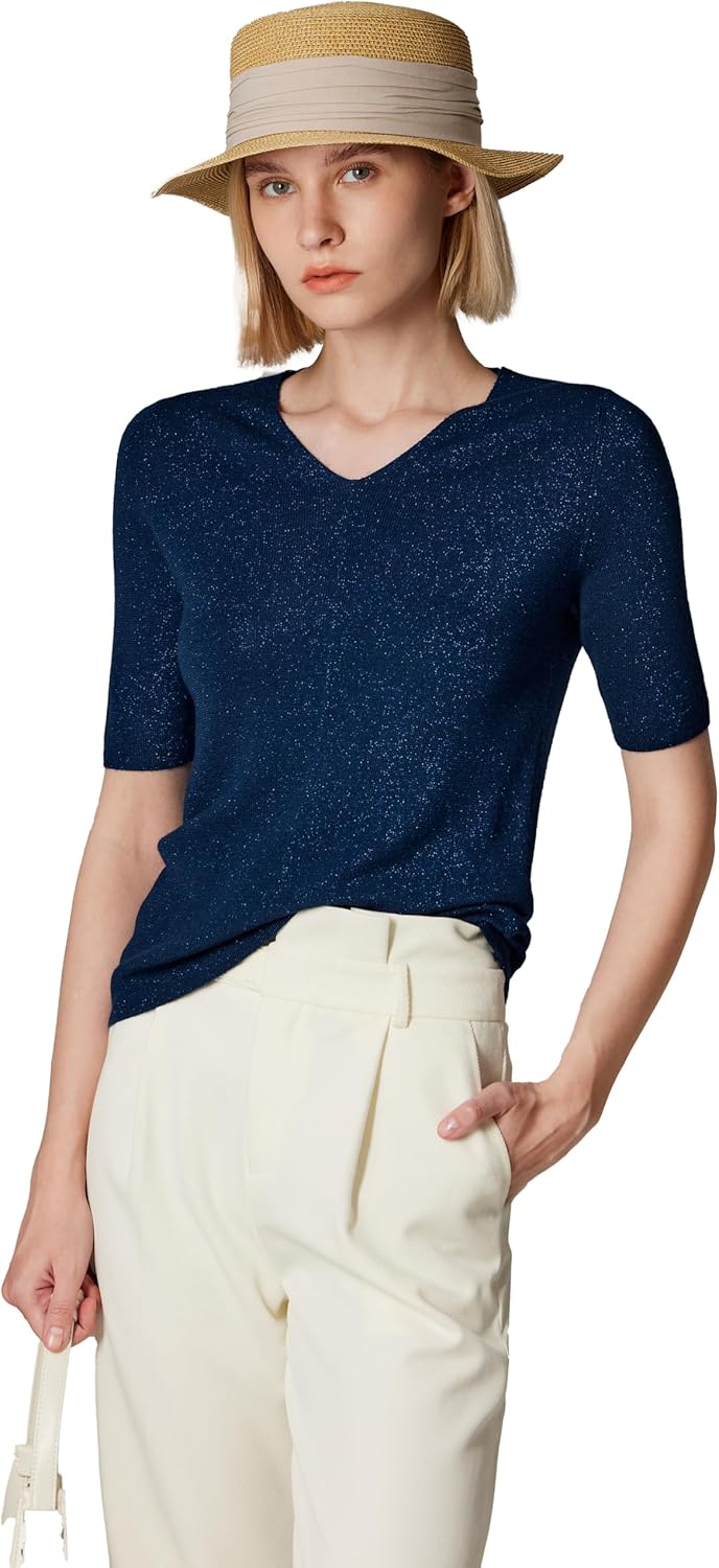 JENNIE LIU Women's Merino Wool Lurex Sweater | Shimmer V-Neck Short Sleeve Ultra Soft Machine Washable Pullover for Women